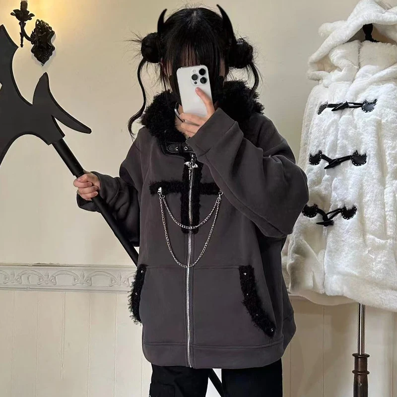 Y2K women clothing arcane Subculture Cat-ear Design Sense Hoodies Winter New Gothic Style Outwear Oversized Harajuku Kawaii Coat