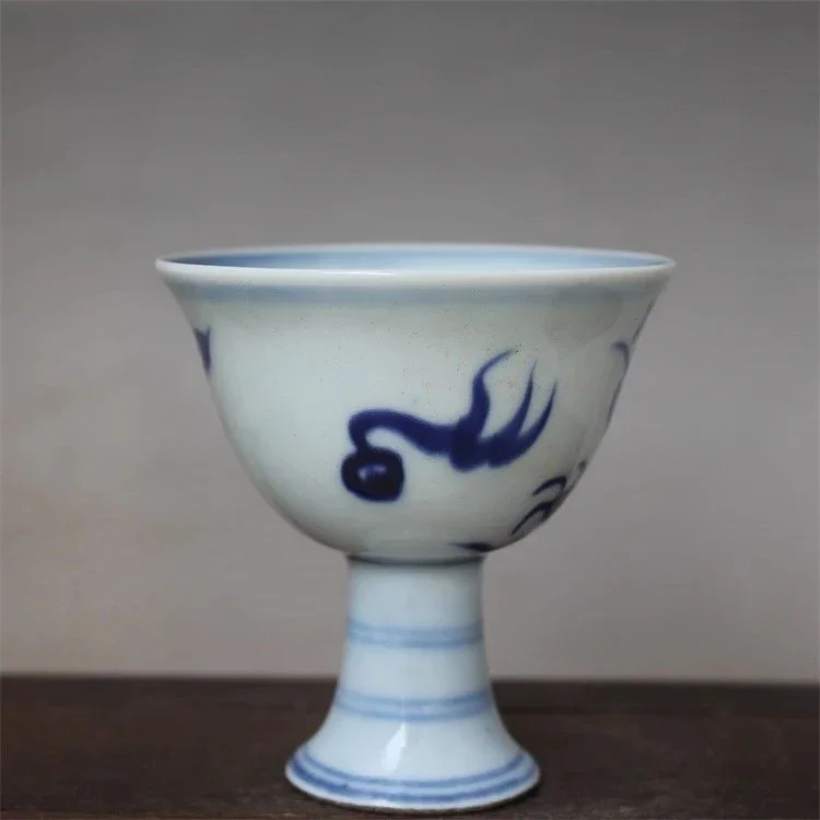 Collection Chinese Old Antique Porcelain Ming Xuande Year Blue & White Porcelain Painting 12 Zodiac Animal Dragon High Foot Cup