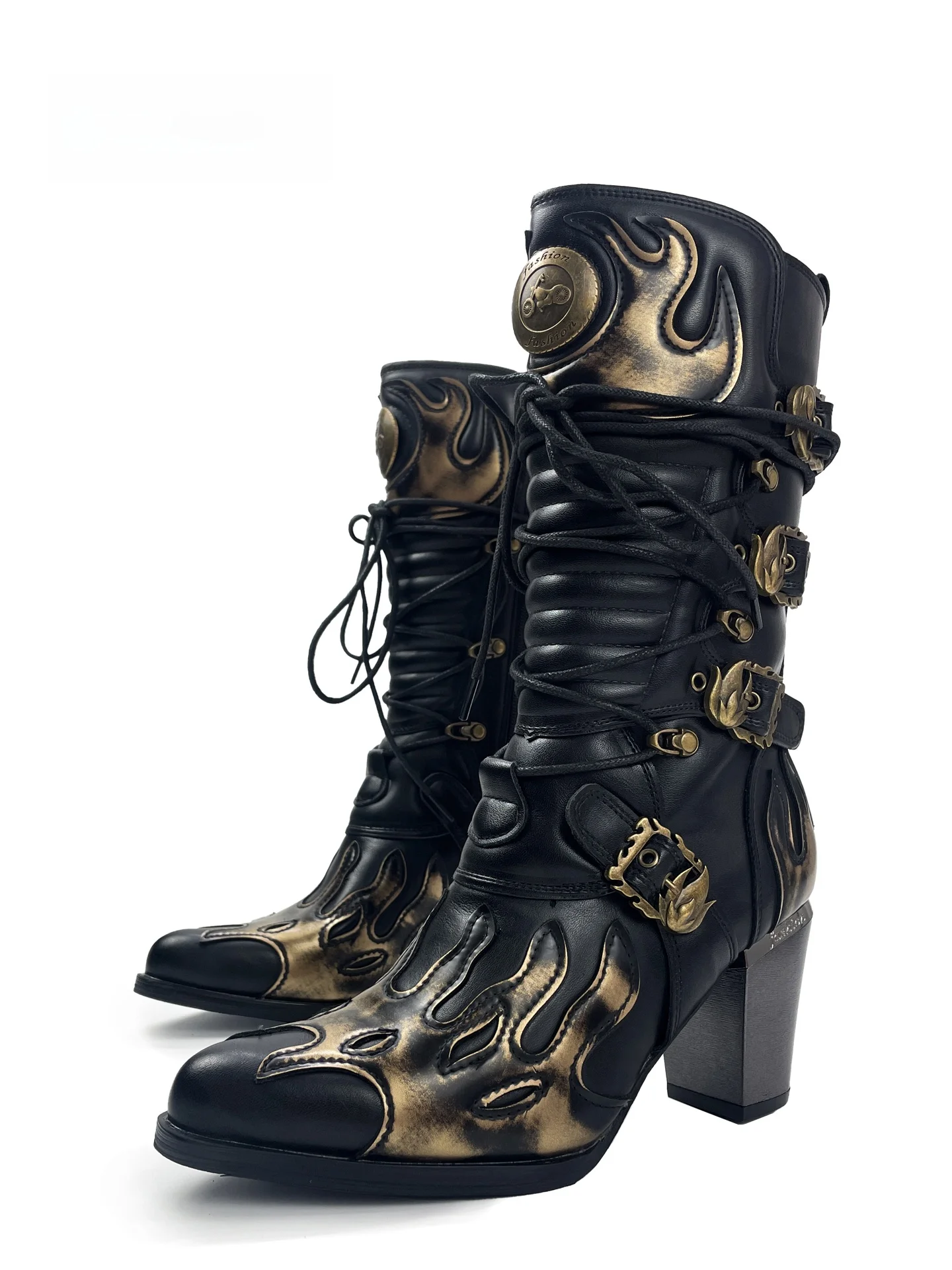 

MibVias Original Dark Flame Pattern Ultra High Heel Western Boots Women's Belt Buckle Spicy Girl Fashion Boots