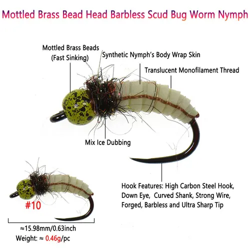 Imagen 2 del producto 6 piezas # Señuelos de pesca con cabeza de cuentas de latón moteado, 10 luminosas, sin púas, Scud, gusano, Ninfa, mosca, hundimiento rápido, húmedo, checo, trucha, Char