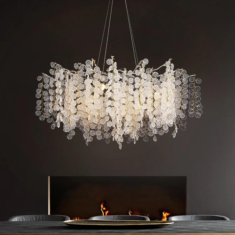 Modern Luxury Branch Led G9 Chandelier Lustre Glass Petal Pendant Chandelier Lighting Living Room Chrome Aluminium Pendant Lamp