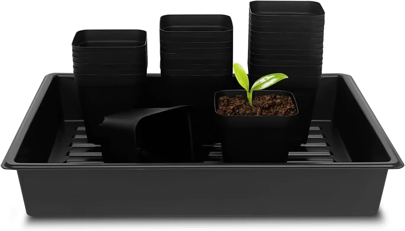 

4 Inch Square Nursery Pots 60pcs with Seedling Trays 5 Sets - Sturdy Microgreens Planter for Indoor Gardening