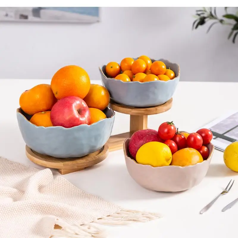 Nordic Fruit Plate Round Ceramic Phnom Penh Bowl Modern Living Room Household Two-layer Basin Bamboo Wood Frame