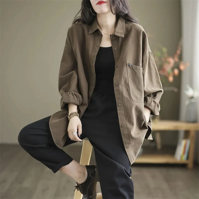 Fashion Single-breasted Solid Color Jackets Tops Female Spring All-match Loose Casual Long Sleeve Pockets Coats Women\'s Clothing