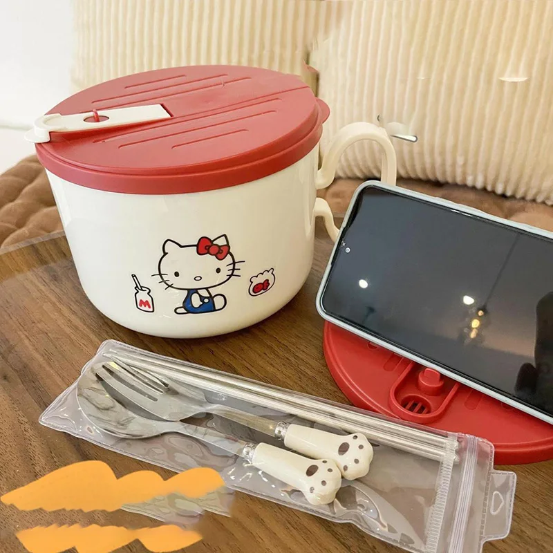 Hello Kitty Cartoon Lunch-box Kawaii Stainless Steel Dorm Double Layer Anti Scalding Cute Anime Instant Noodle Bowl 1000ML Gifts