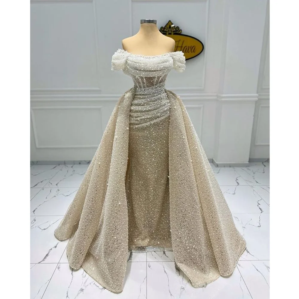 Luxury Sequined Evening Dresses Chic Off the Shoulder Beads Prom Straight Gowns Fashion Draped Sweep Train Party Dresses