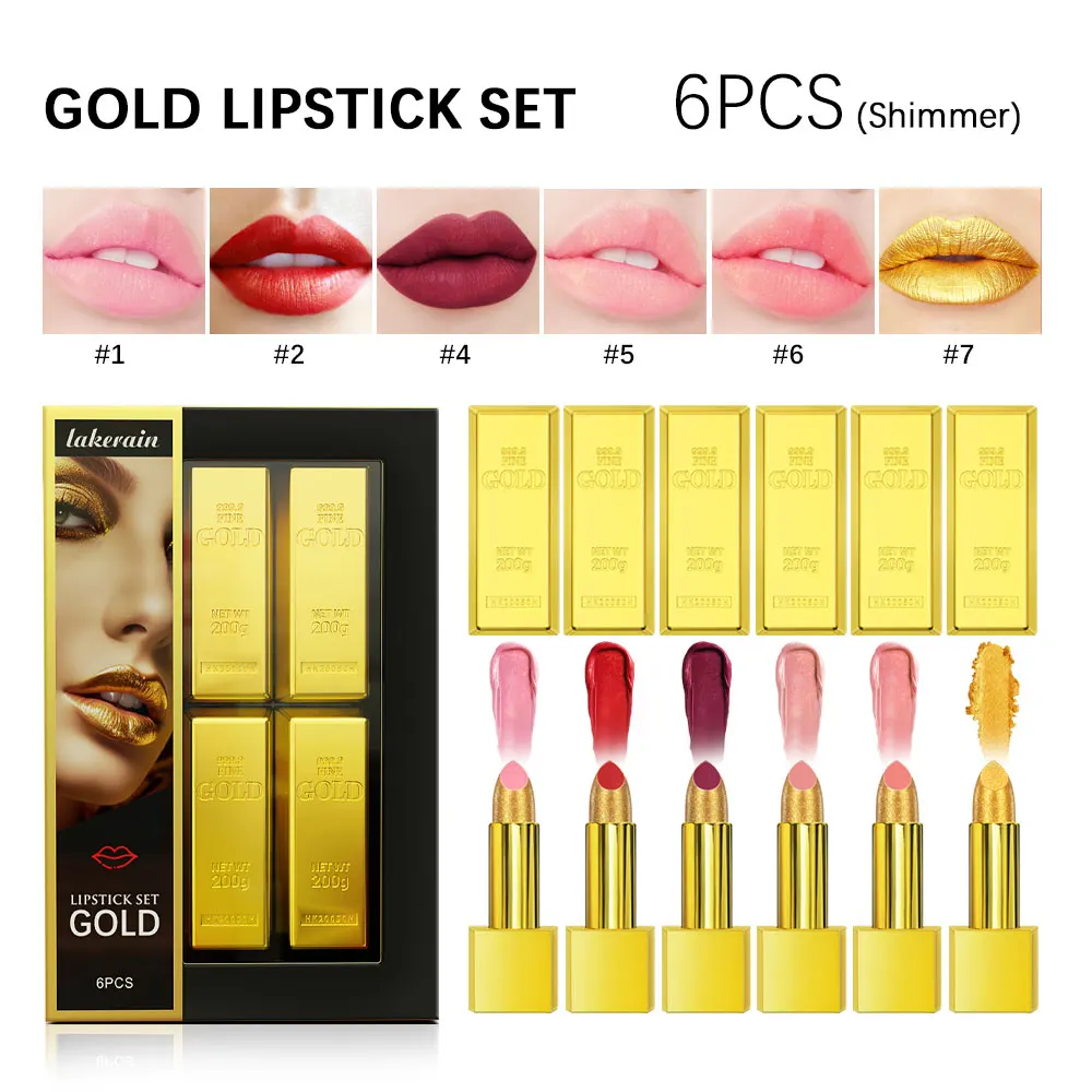 6pcs/Set Matte Lisptick Set With Gold Glitter Cover Moisturizing Shimmer Lip Stick Red Batom Gold Brick Tube Design Woman Gifts