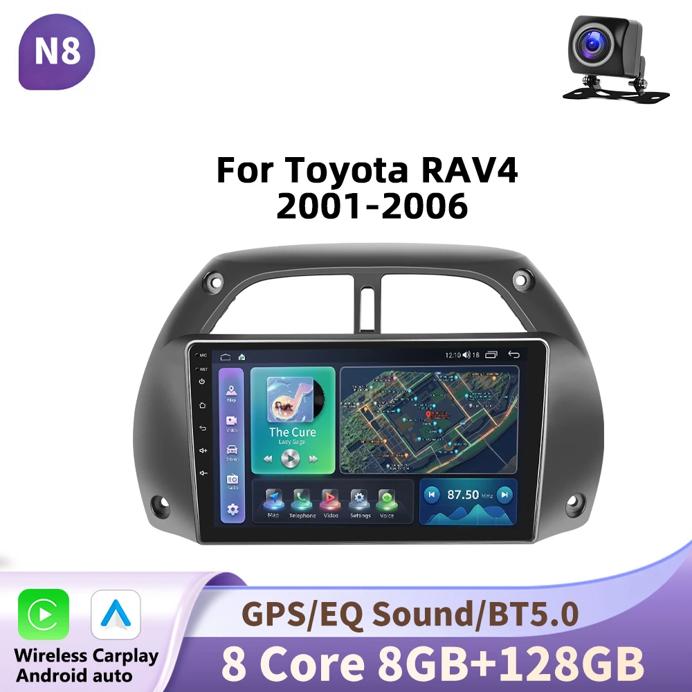 Podofo draadloze CarPlay voor Apple Android Auto autoradio voor Toyota RAV4 2001-2006 2din GPS multimedia touchscreen