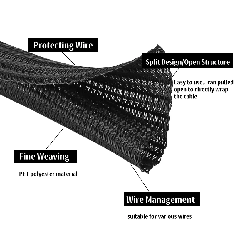 Red Black Self-Closed Cable Sleeve 3mm ~ 50mm PET Braided Insulated Wrap Sheath Split Wire Organizer High Protection Sleeving