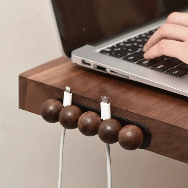 Solid Walnut Cable Organizer Under Desk Cord Management System for Computer 5 Slot Charger Holder with Cable Clips