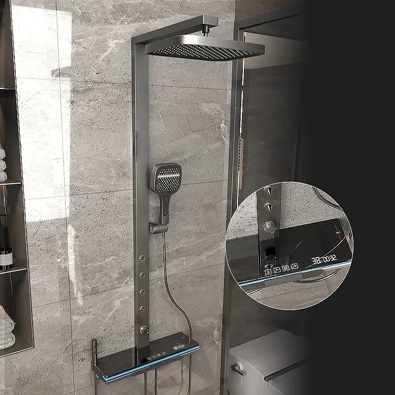 

Gray Shower Set Bathroom Ambient Light Multifunction Digital Display Back Spray Shower Faucet Apartment Shower System Set