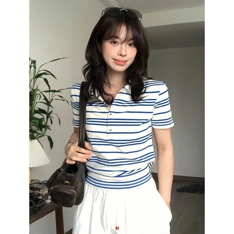 Blusa corta con cuello vuelto y temperamento Simple francés de gama alta, camisetas con diseño de rayas Harajuku para mujer, ropa Americna Y2k