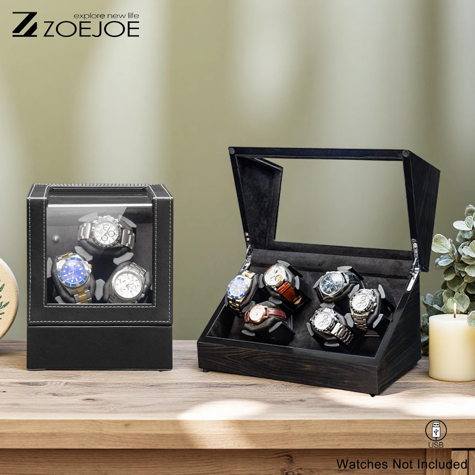 

ZOEJOE Automatic 3/6 Slots Watch Winder Transparent Cover USB Cable Soft Watch Pillow Watch Storage Boxes Father's Day Gifts