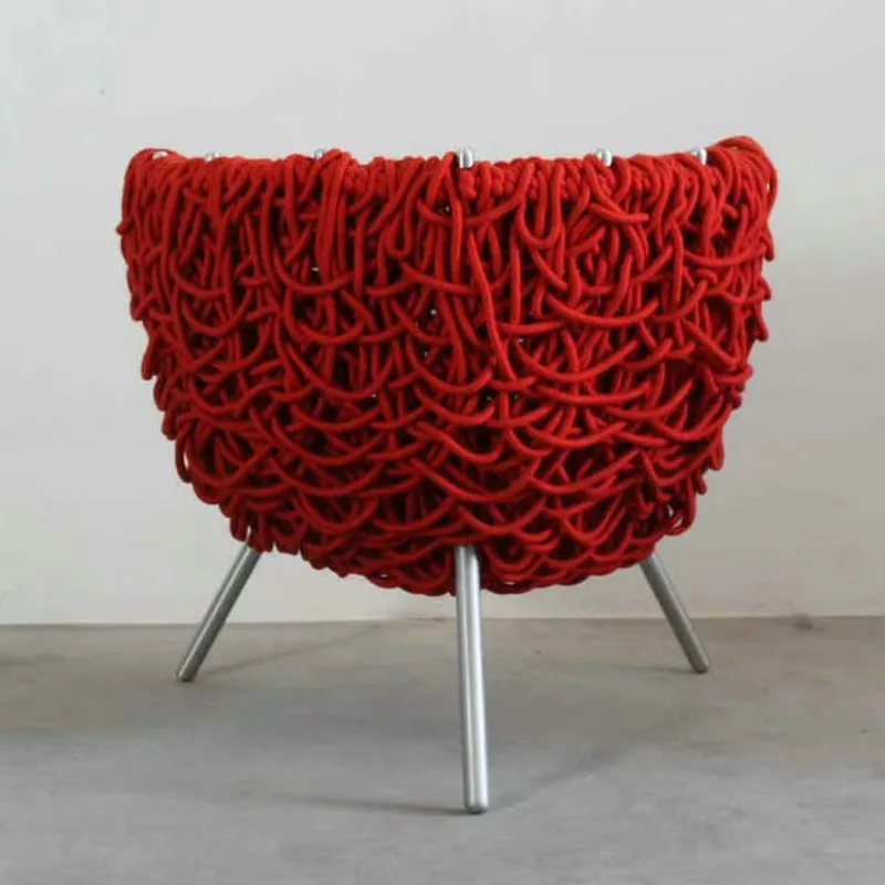 Muebles de hotel únicos, sillón de tela con reposabrazos, marco tubular de acero inoxidable, envoltura de cuerda acrílica, sillón para el hogar