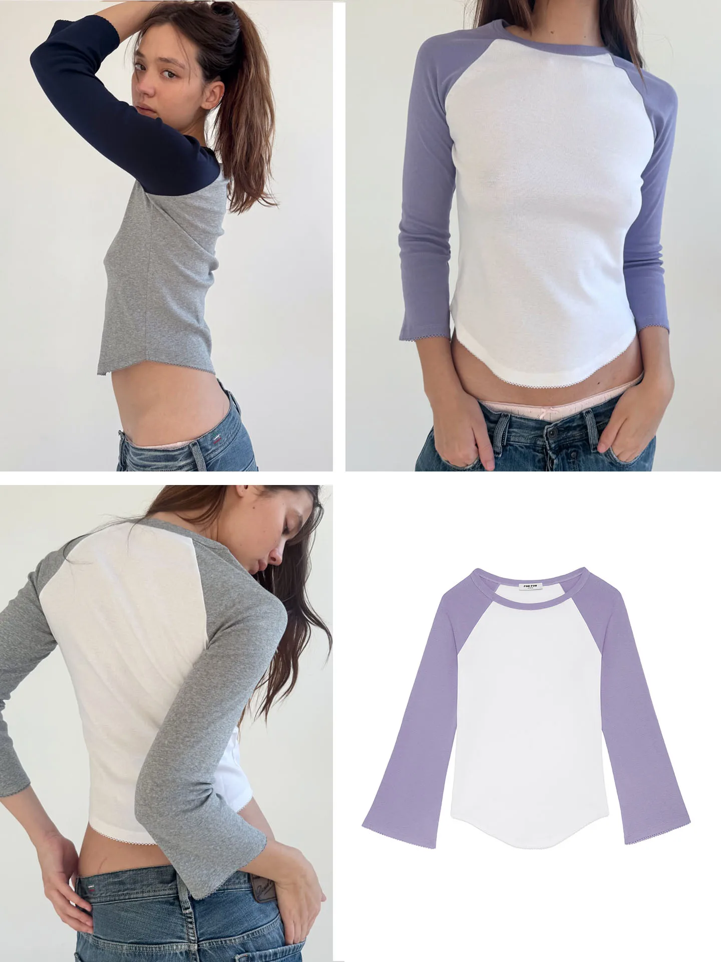 

COUCOU Shoulder Insert Bell Sleeve Top Color Block Irregular Hem T-Shirt Women's Cotton round Neck Three Quarter Length Sleeve