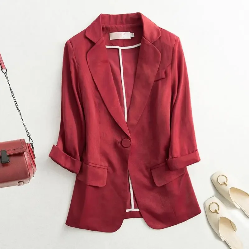 

Acetate Satin Suit Jacket Women's Blazer 2025 Spring Summer Autumn Seven Quarter Sleeve Casual Thin Sunscreen Short Fashion Coat