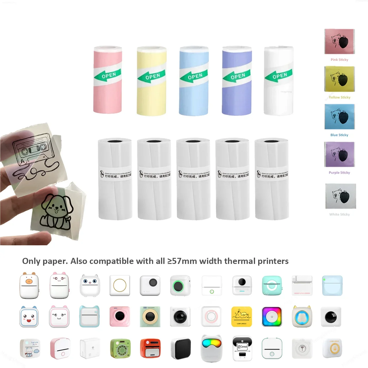 Color Sticker Thermal Printer Transparent Rolling Paper Camera Refill For Photo Journal Notes Memo For Kids DIY Scrapbook