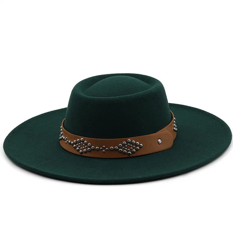Classic Big Wide Brim 9.5CM Church Derby Flat Top Hat Solid Wool Felt Fedoras Hat Party Gambler Jazz Cap