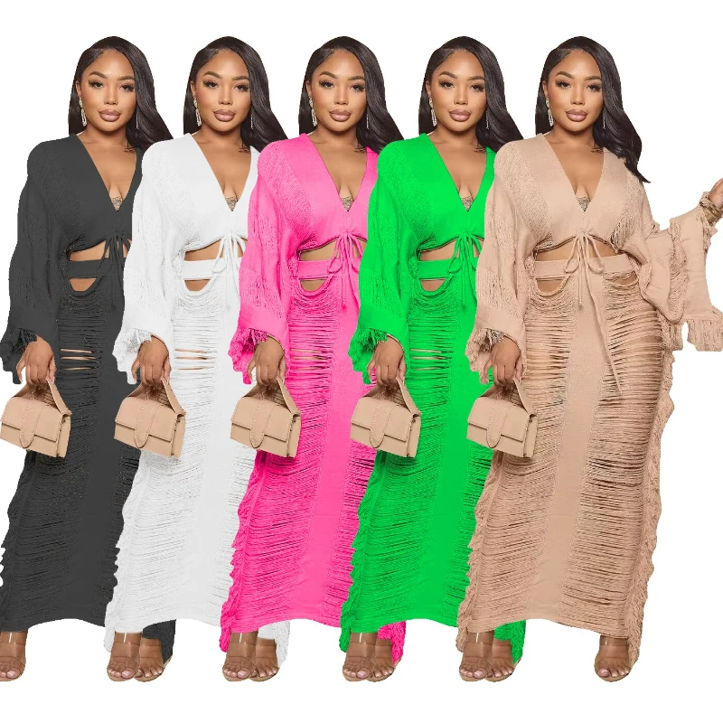 

Women Two Piece Sets Skirt Set Knit V Neck Full Sleeve Tops Hollow Out Long Skirts High Waist Y2k Streetwear Elegant Work Autumn