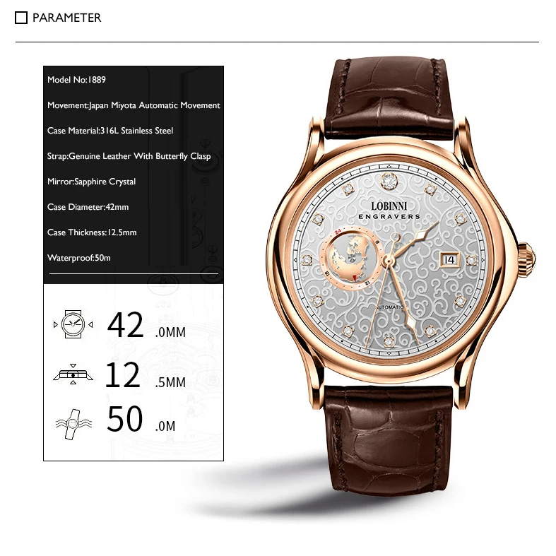 LOBINNI Orologi automatici da uomo Orologio di lusso Orologio da polso meccanico Luminoso 50M Impermeabile Zaffiro Chiusura a farfalla 24 ore Data