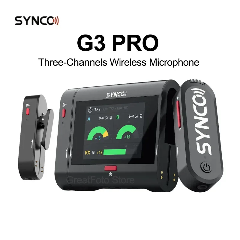 SYNCO G3 Pro 2.4GHz 3 Channels Wireless Microphone with Touch Screen 200m Range Lossless Audio for Camera/iPhone/Live Streaming