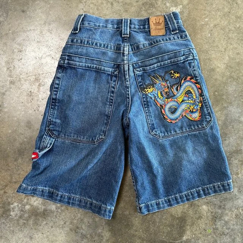 JNCO กางเกงวอร์มขาสั้นแนวสตรีทดราก้อน celana pendek DENIM 2024ในช่วงฤดูร้อนสำหรับผู้ชายและผู้หญิงทรงหลวม Y2k กอทิก JNCO