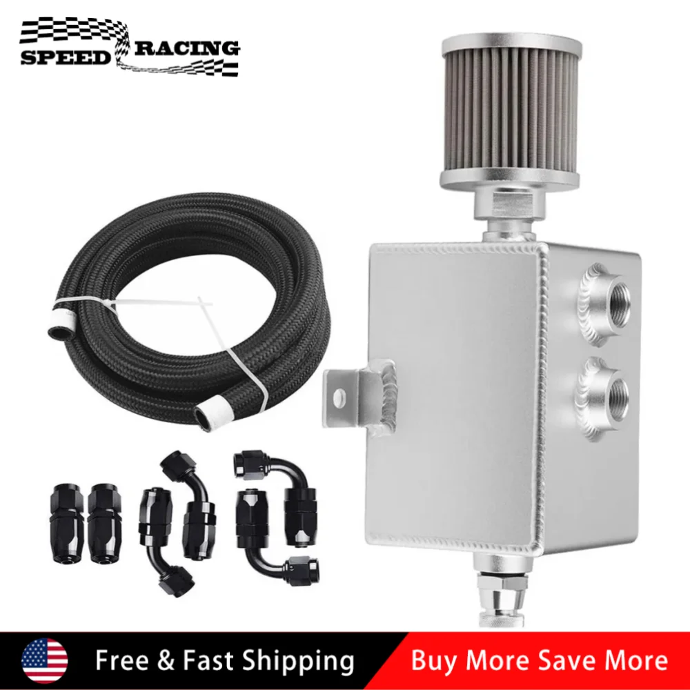 

Universal 2L Aluminum Alloy Oil Catch Can Reservoir Tank Breather Filter Baffled + 10AN Fuel Line Kits Balck