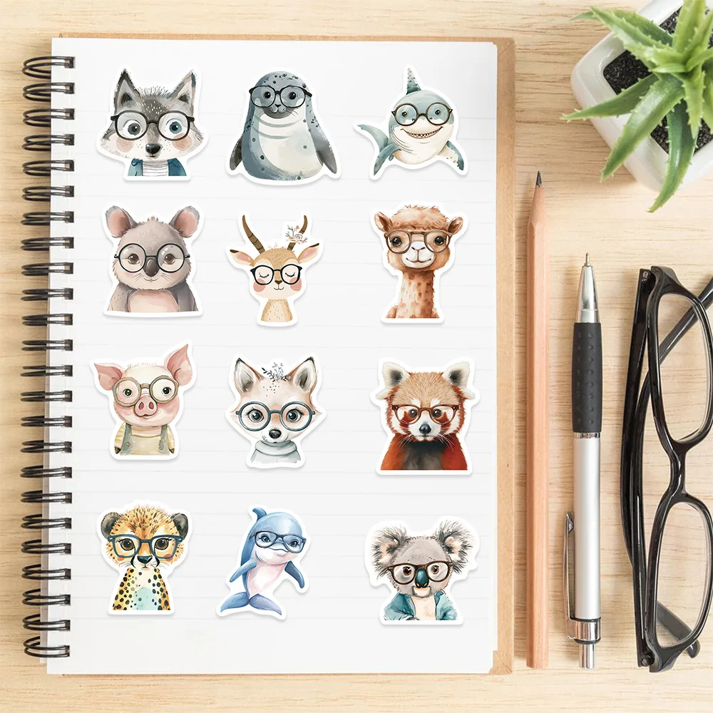 Autocollants animaux drôles avec lunettes, étiquette de dessin animé étanche, décoration pour carnet de notes, guitare Mobile, valise, Graffiti, jouets pour enfants, DIY bricolage, 50 pièces