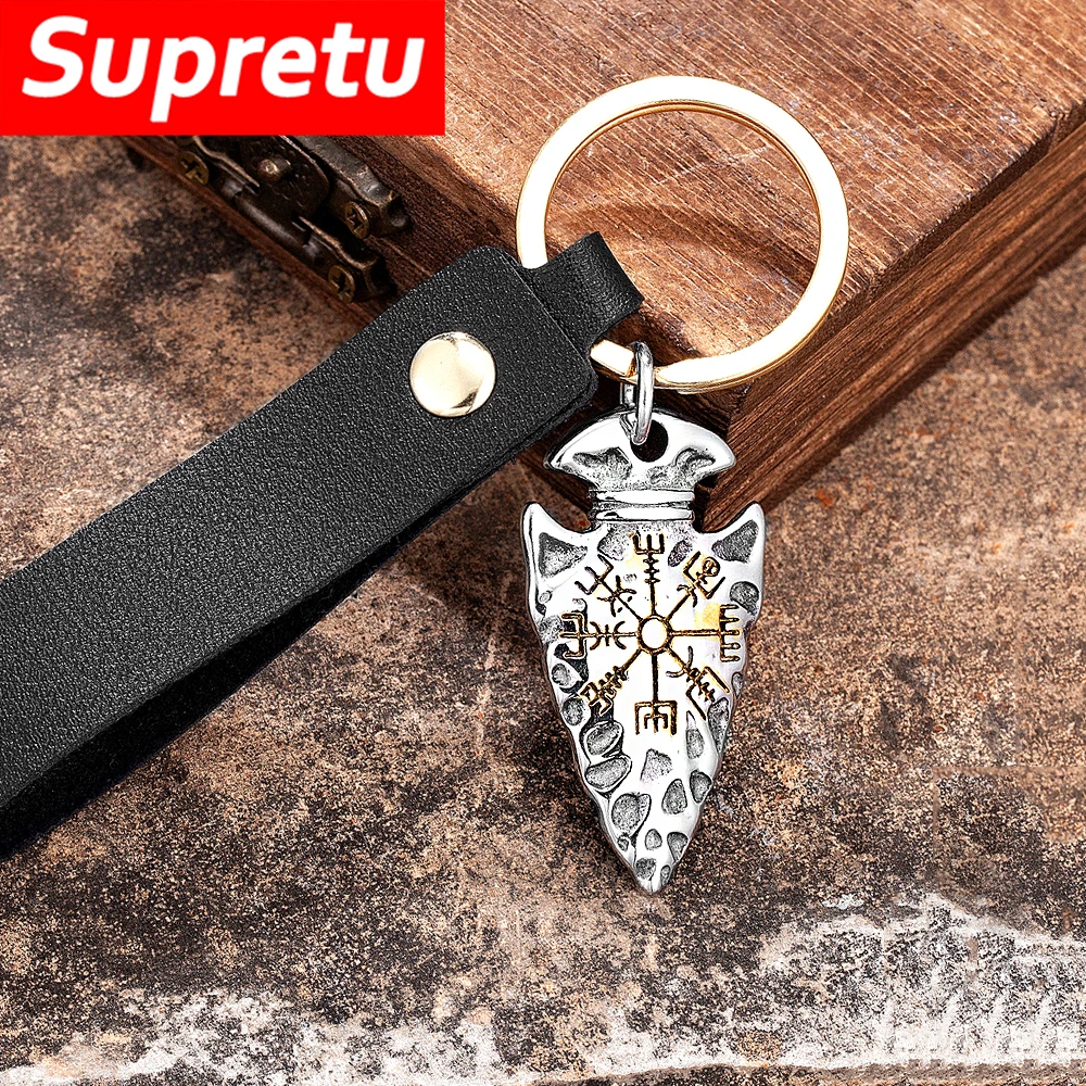 Never Fade Vikings Compass Spear Keychain Mens Nordic Shield Gold Color Pendant Stainless Steel Self-defense Amulet Punk Jewelry