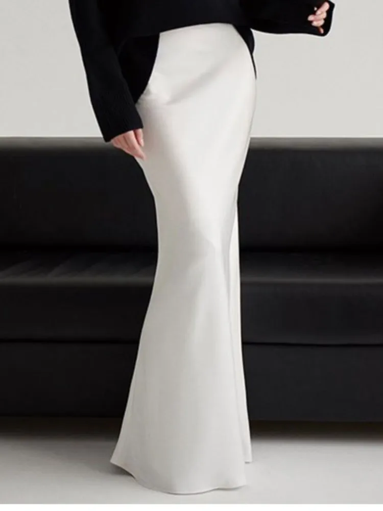 2025 frauen Neue Elegante Temperament Fischschwanz Rock Herbst Satin Einfarbig Einfache Hohe taille Lange Hüfte-umwickelt rock