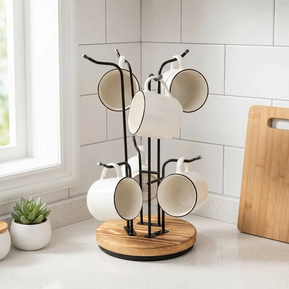 

Wooden 360° Rotating Coffee Cup Holder Removable Large Capacity Mug Drying Rack with Hooks Space Saving Cup Tree Rack
