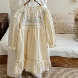 Korean Children's Clothing Flower Embroidery Cake Girls' Dress 2024 Autumn Style Ruffled Long Sleeved Girls Princess Dress