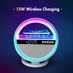 6-in-1 Wireless Charger, Multi-function Bluetooth Speaker, Clock, Alarm Clock FM Radio, Table Lamp, 12-color Ambient Night Light