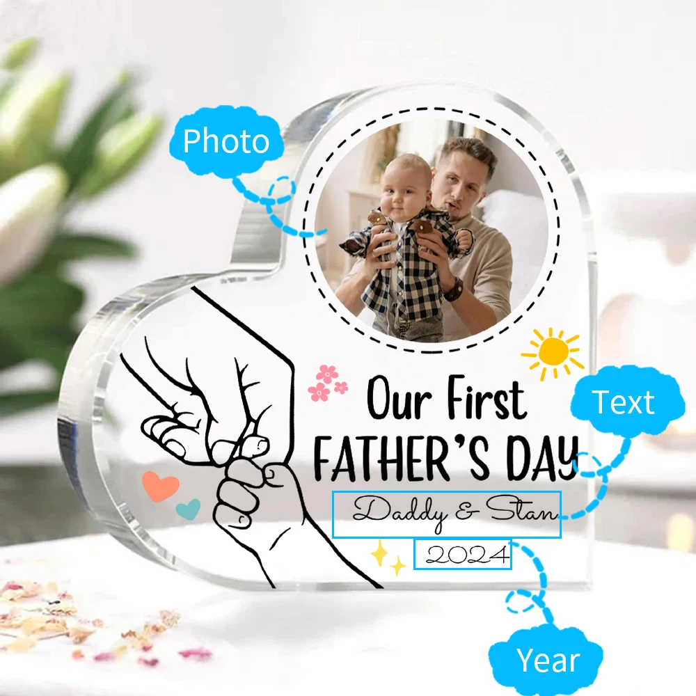 1 pc Acrylic Heart Shape Fist Pattern Customized Photo Text and Year for Father's Day Brithday Gift