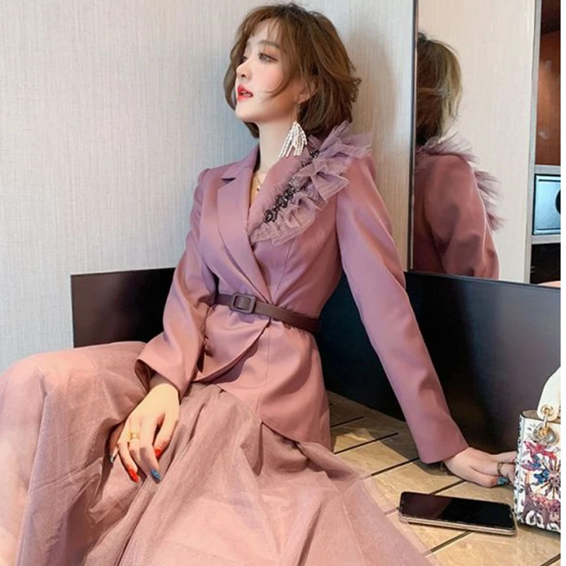 Eleganti blazer viola gonne set primavera autunno coreano ufficio signora vestito giacca gonna a rete irregolare abiti nuove donne abbigliamento da