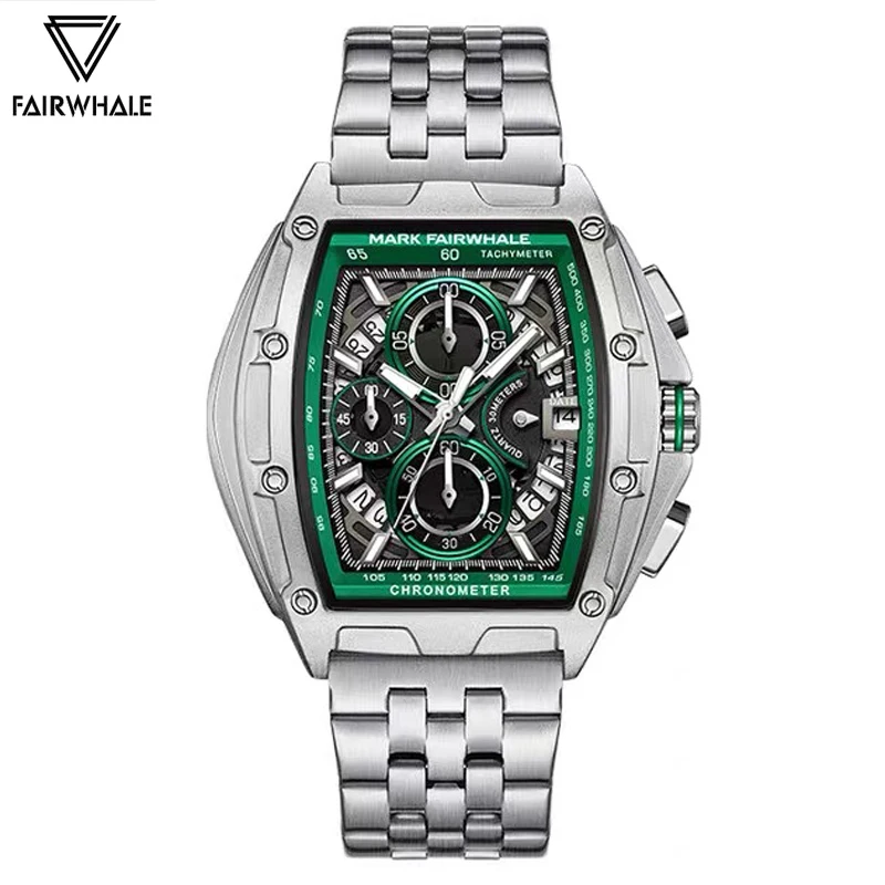 2024 New Mark Fairwhale Sliver Green Watch For Men Luxury Waterproof Quartz Wristwatch Sports Multifunction Tonneau Clocks Reloj