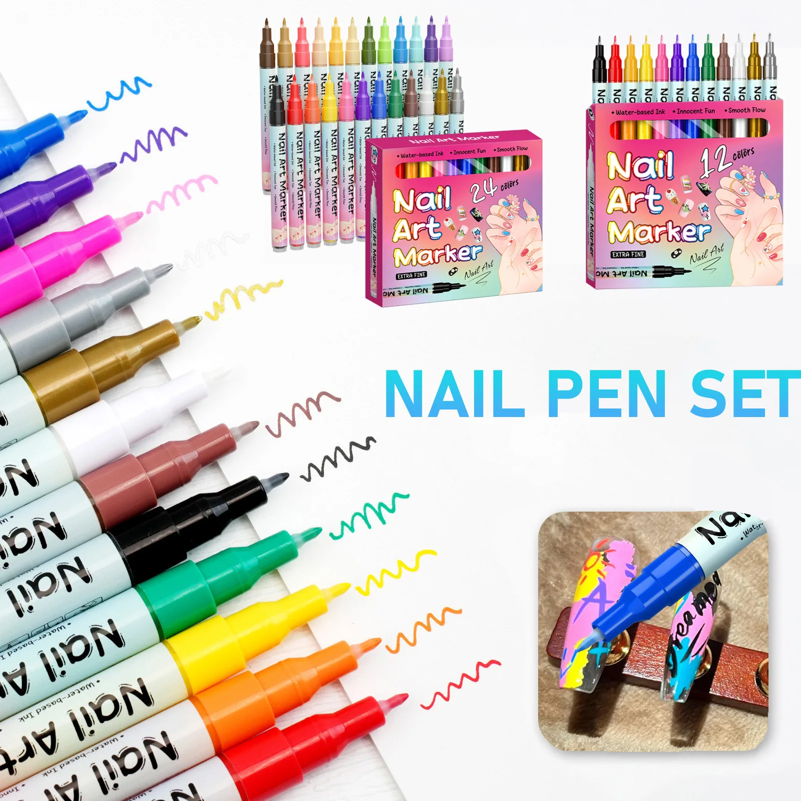 

12/24 Color Waterproof and Quick-drying Nail Art Pens Nail Polish Pens Drawing Painting Point Liner Acrylic Painted Pen Kit