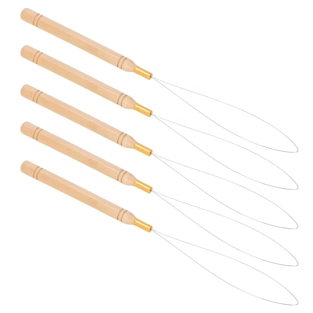 10Pcs Anti-Slip Handle Hair Extension Loop Needle Beech Wood Handle Wire Loop Design Pulling Hook Tool Micro Ring Threader