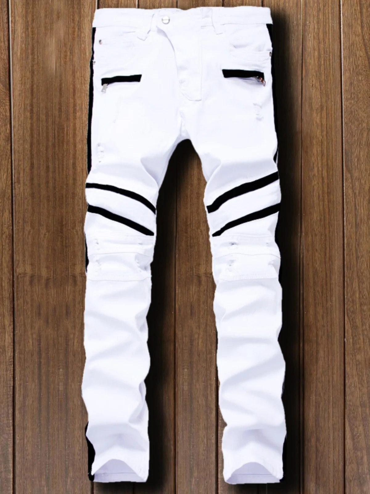 

High Street Men's Casual Patchwork Jeans Straight Leg Elastic Trendy Hole Slimming Long Pants White Cotton Stretch Denim