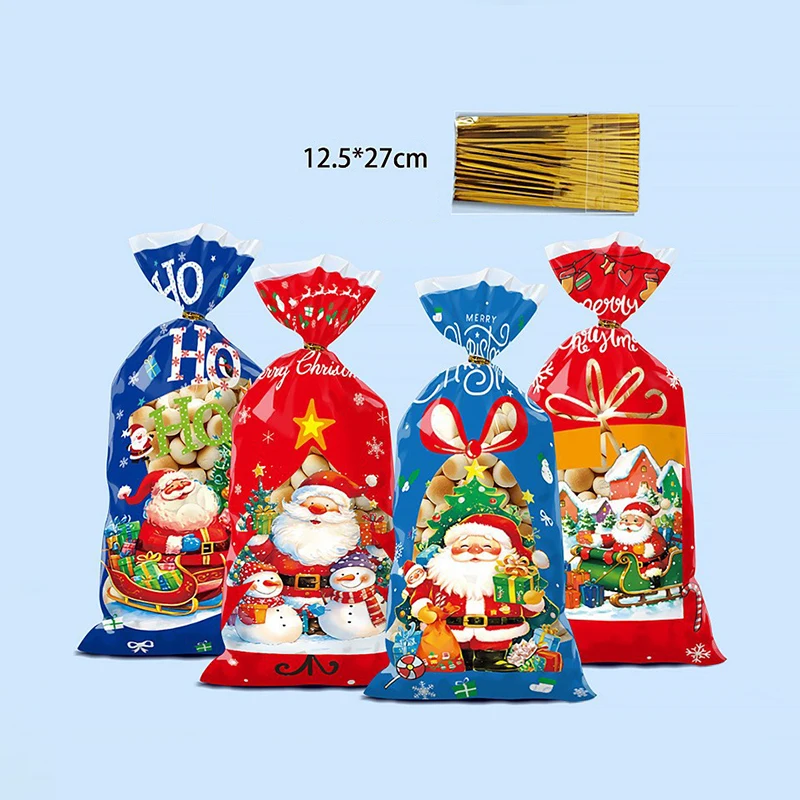 50Pcs Christmas Series Candy Bags With Ties 2024 Xmas Cookies Packing Bags Santa Snowman Gift Bag Christmas Decorations