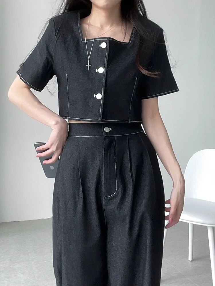 

Retro High Waist Pleated Casual Pants Set Women's ort Denim Jaet Summer New Sle Ming Line Design Casual Long Pants