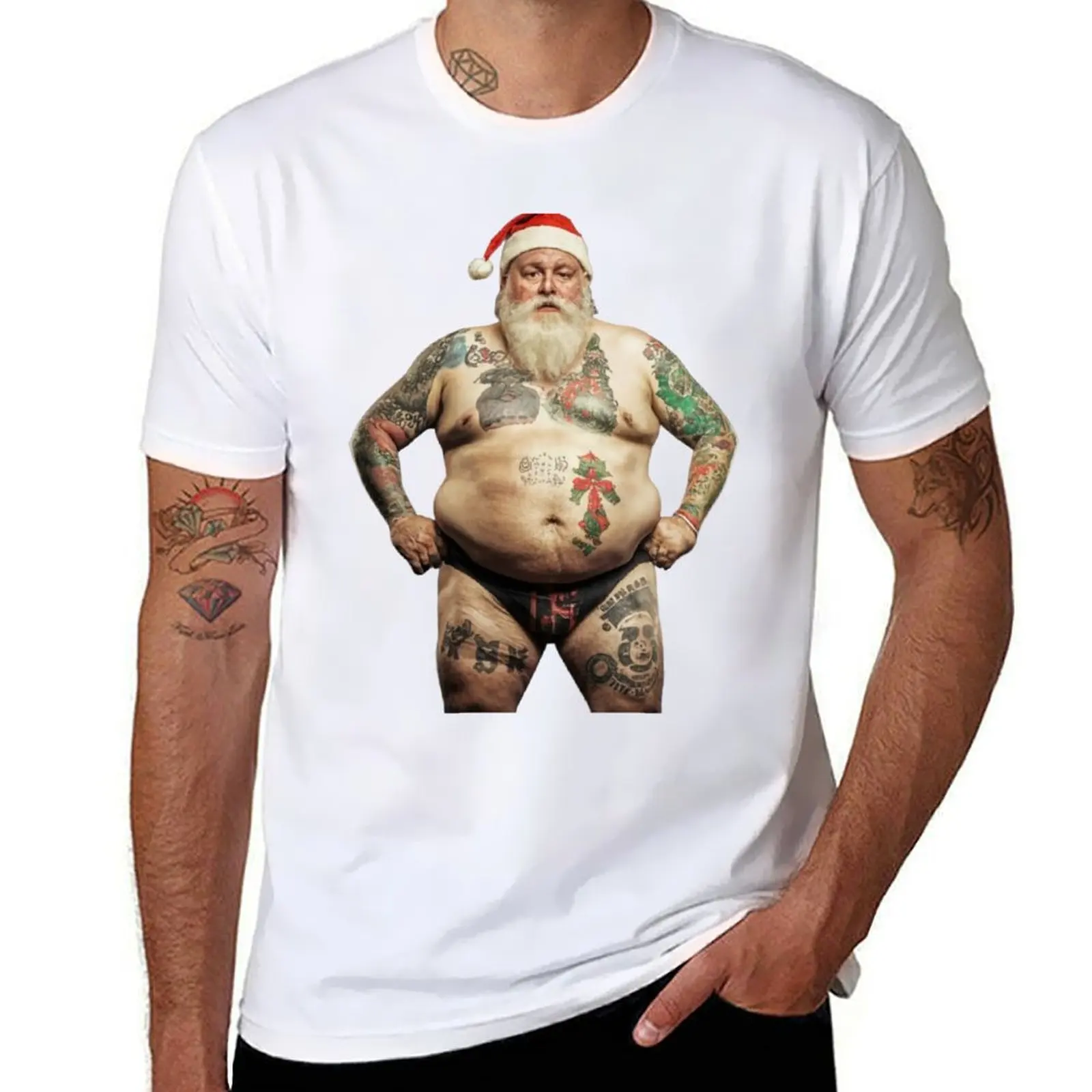 The funny Santa Claus covered in tattoos T-Shirt graphic tee shirt Funny t-shirt blue archive Luxury man vintage t shirt men