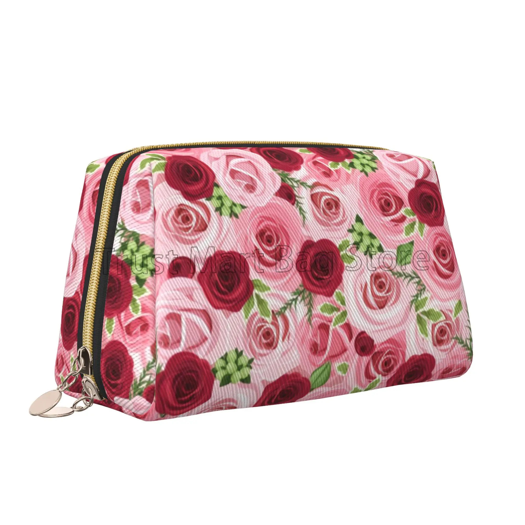 Pink Red Rose Print Large Travel Makeup Bag Pouch Cosmetic Bags Leather Waterproof Toiletry Bag for Women Valentine\'s Day Gifts