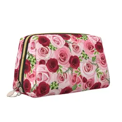 Pink Red Rose Print Large Travel Makeup Bag Pouch Cosmetic Bags Leather Waterproof Toiletry Bag for Women Valentine's Day Gifts