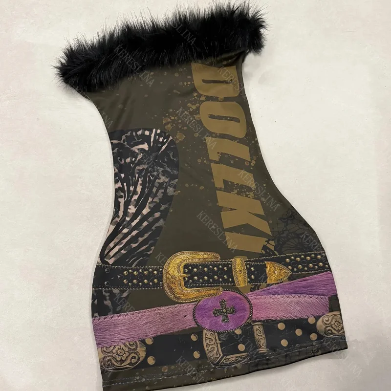 

Американское ретро-уличное женское платье в стиле панк, сексуальное платье в стиле хип-хоп-рок Harajuku, модное облегающее платье с длинными рукавами и меховым воротником