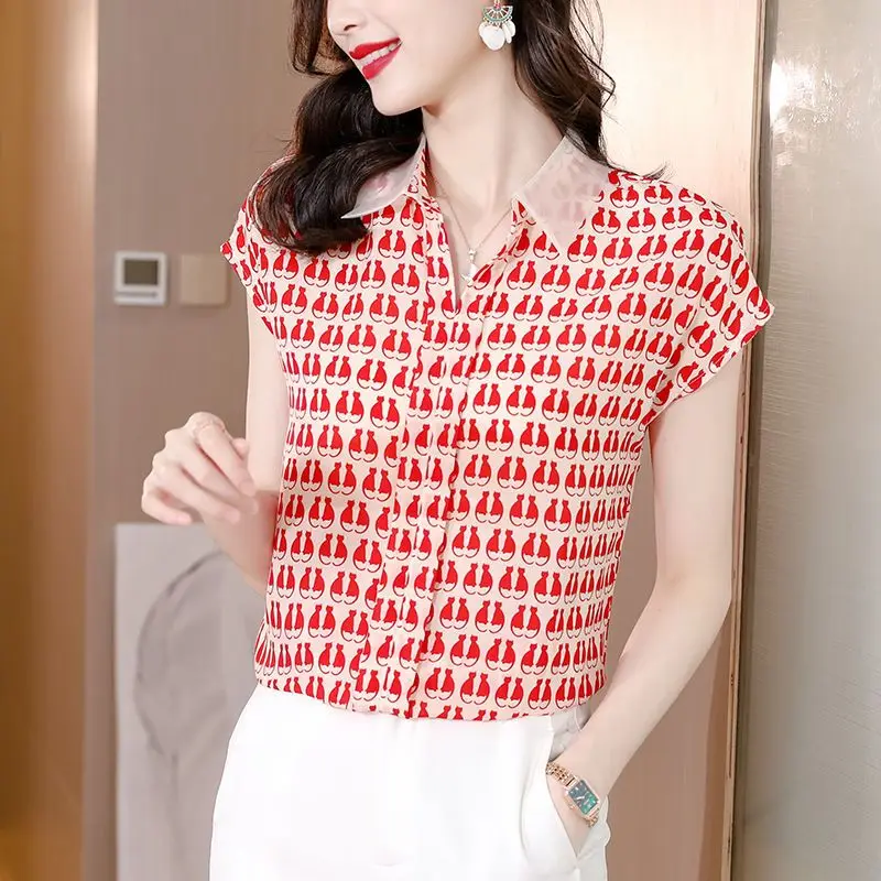 

Temperament POLO Collar Summer New Women's Printing Contrast Color Fashion Office Lady Loose Short Sleeve Chiffon Shirt Tops