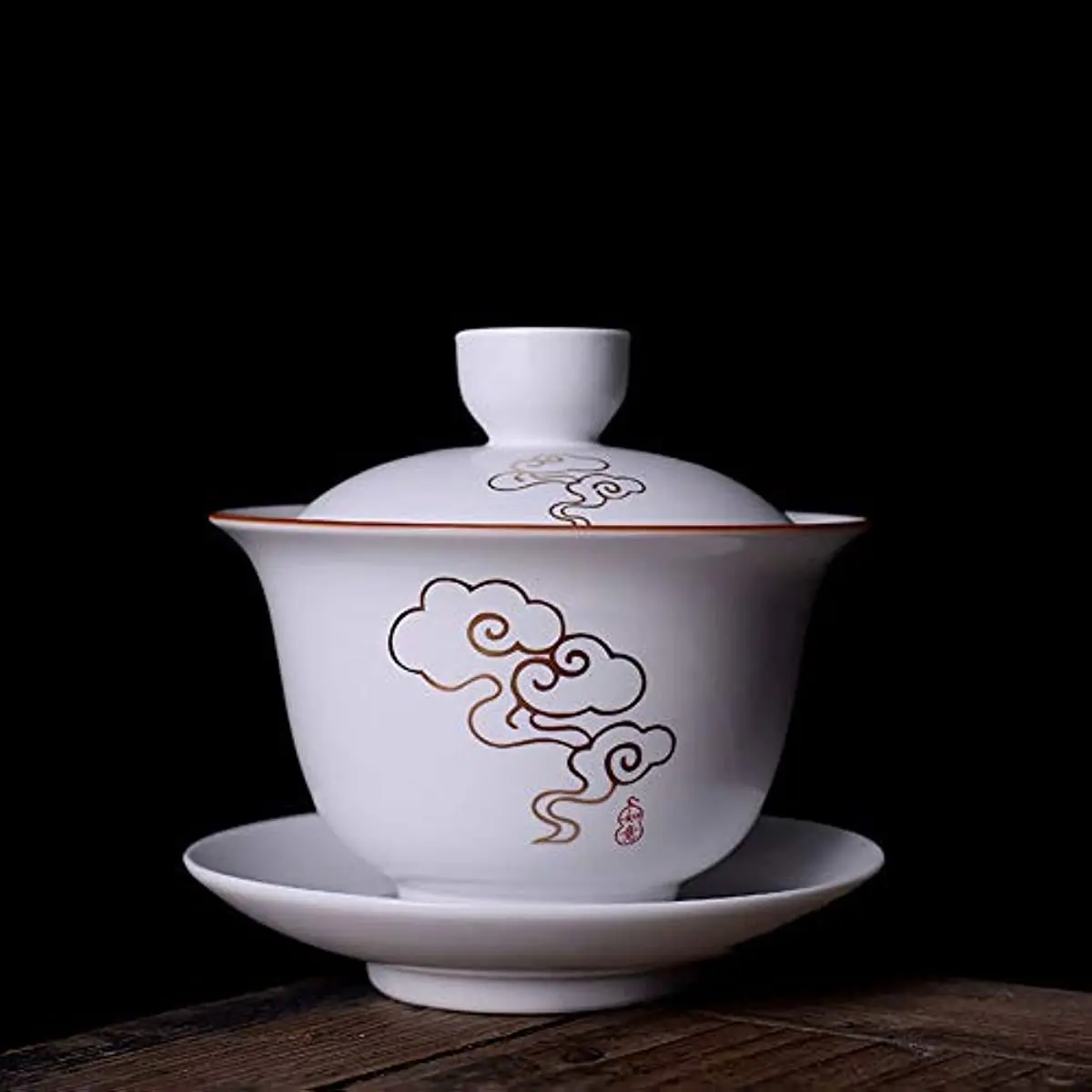 Porcelain Gaiwan 8oz Teacup White Glazed Tureen Chinese Sancai Cover Bowl Lip Cup Saucer Set (Auspicious Clouds) 240ml