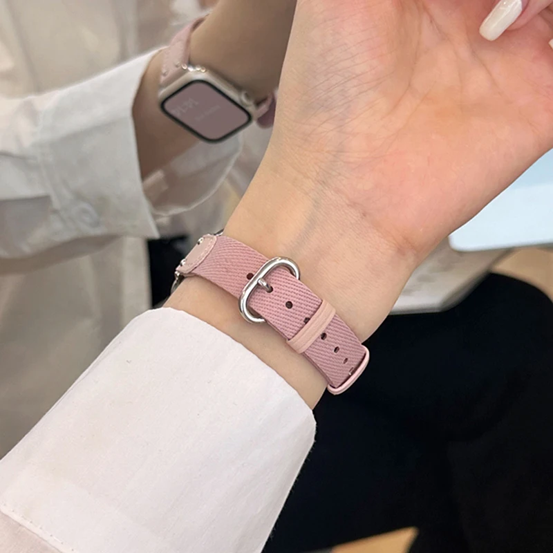 Cute Nylon Leather Pink Strap For Apple Watch 9 8 7 6 SE 5 4 3 Girl Stylish Wristband For iwatch Strap 49MM 45 44MM 38 40 41 MM