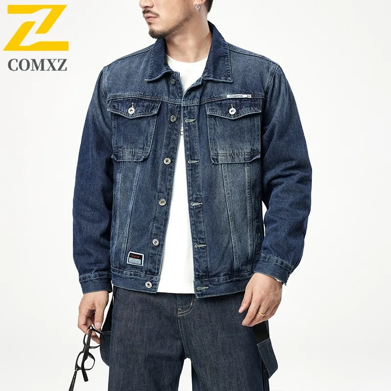 

COMXZ 2025 Men Denim Jacket Autumn Korean Style Notch Collar Casual Coat Loose Fit Fashion Trendy Outerwear Vintage