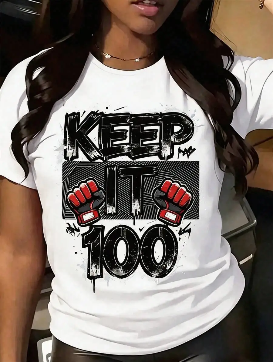 Women Crew Neck Short Sleeve T-Shirt Keep It 100 Graphic Bold Black Boxing Text Print Casual Everyday Basic Tops
